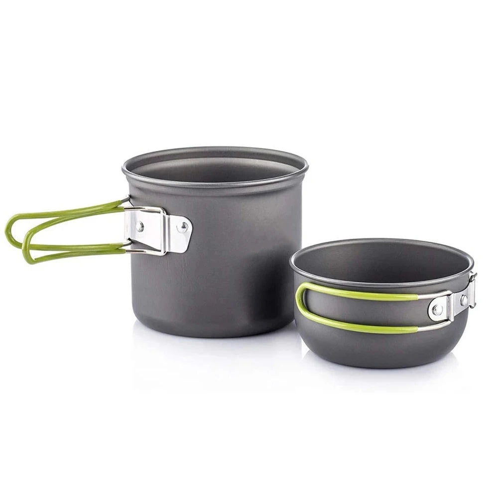 Eway camping pot set with multiple stainless steel pots and lids, ideal for outdoor cooking and camping adventures.