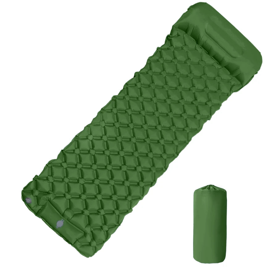 Eway inflatable camping mattress with built-in pump, shown fully inflated for outdoor sleeping comfort.
