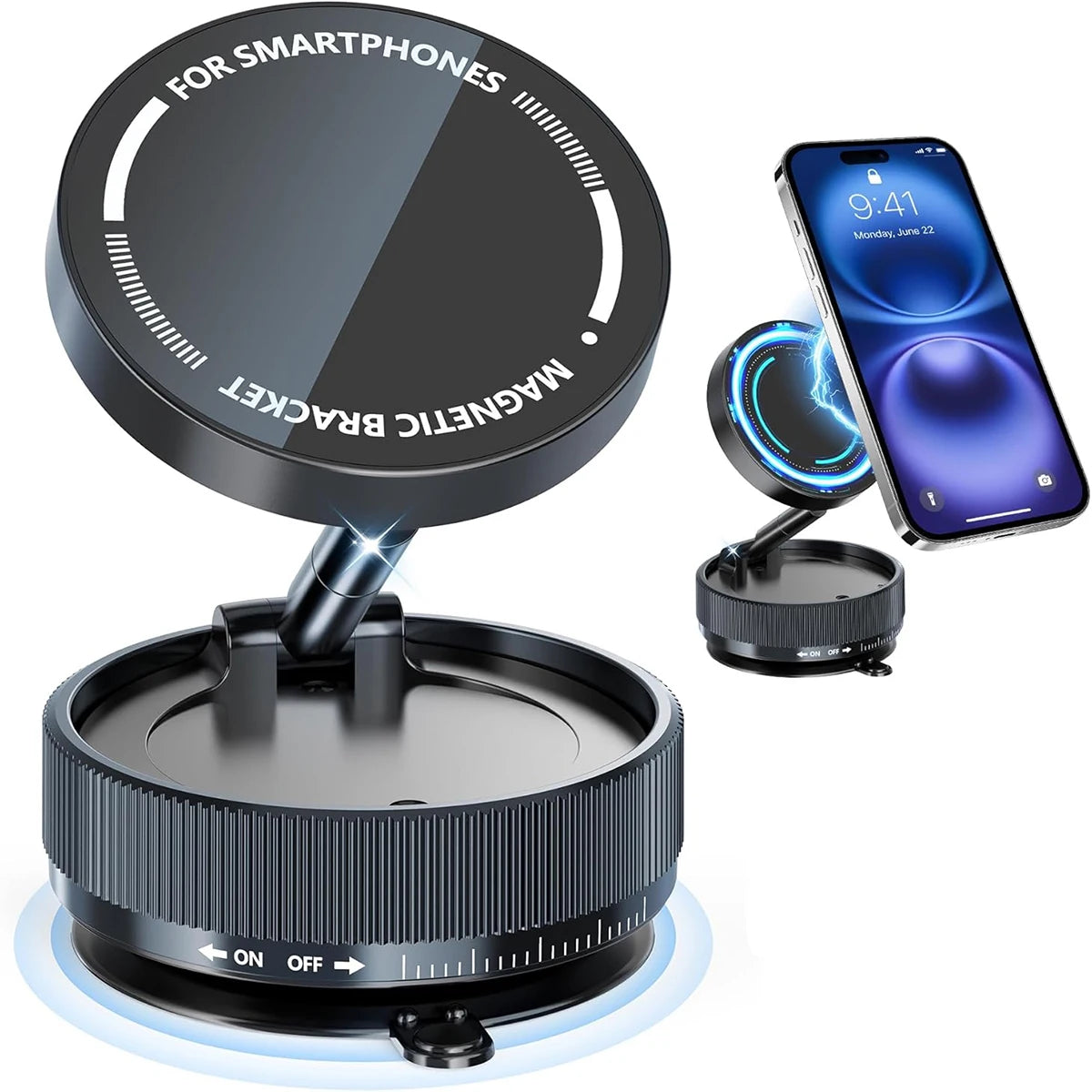 Magnetic phone holder by Eway with sleek design, showing the secure magnetic mount attached to a car dashboard.