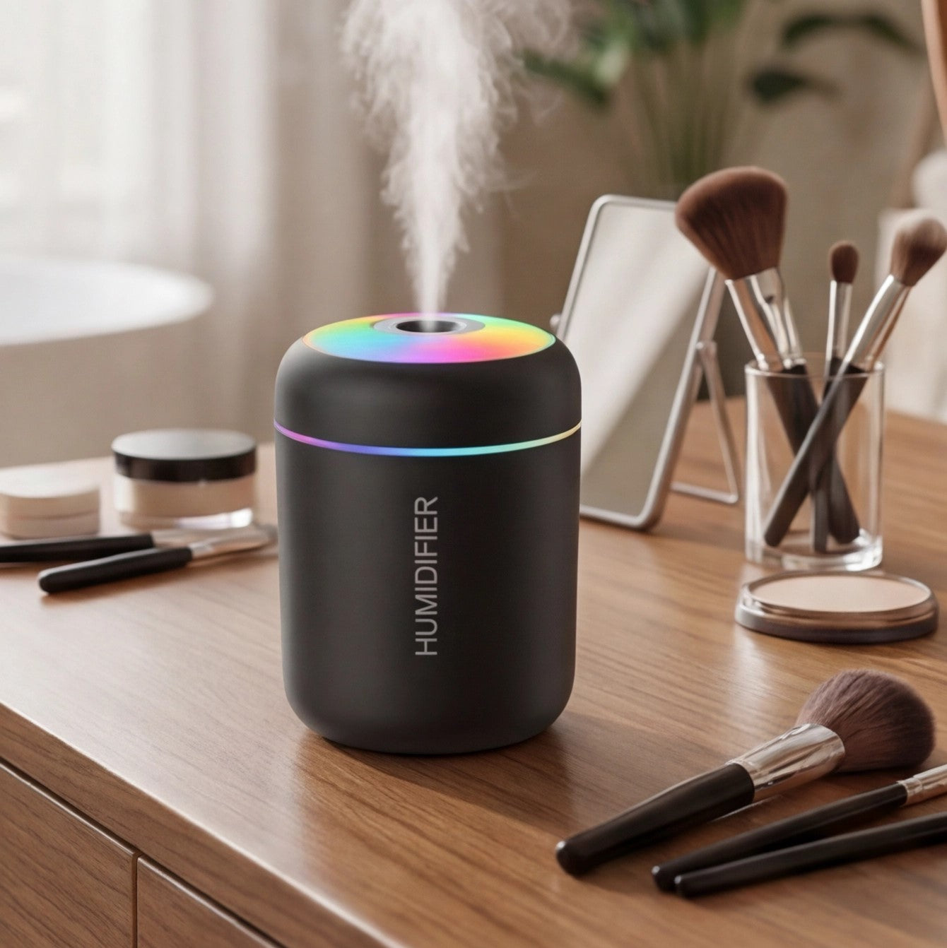 Eway USB small air humidifier displaying water mist, compact white device for improving air moisture.