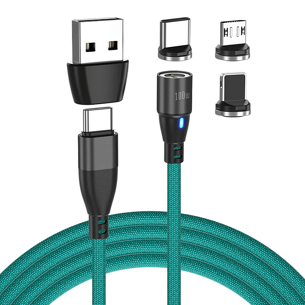 Magnetic 3-in-1 Eway AUFU 100W charging cable with multiple connectors, shown in close-up with a sleek black design.