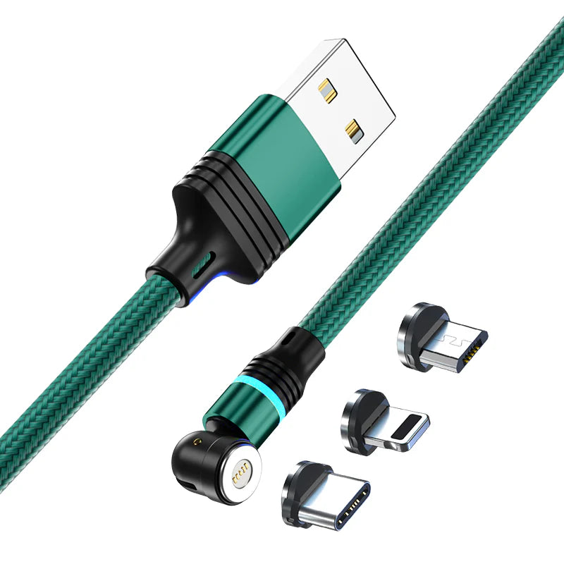 Eway 3-in-1 magnetic charging cable with USB-C, Lightning, and Micro USB connectors, 100W power capacity.