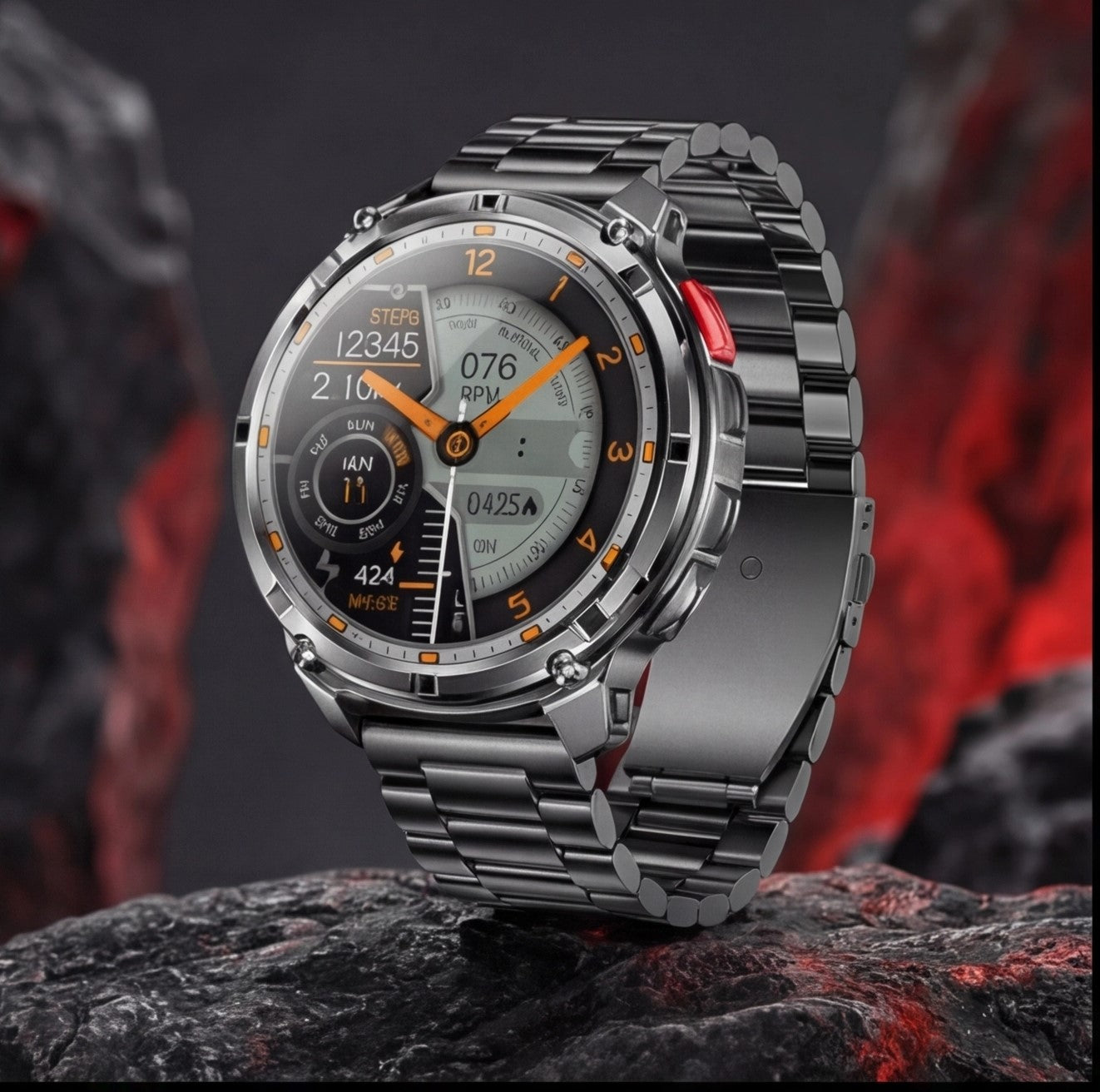 Eway GUHUAVMI smart watch with black strap and digital display, showing time and fitness tracking features.