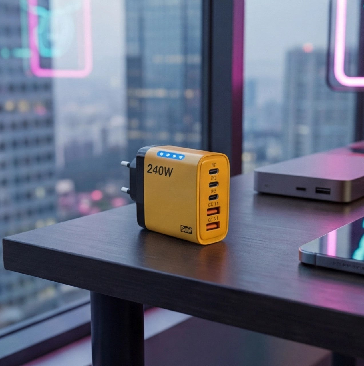 Eway 120W multi-port fast charger with multiple USB ports, compact design, and sleek black finish for quick device charging.