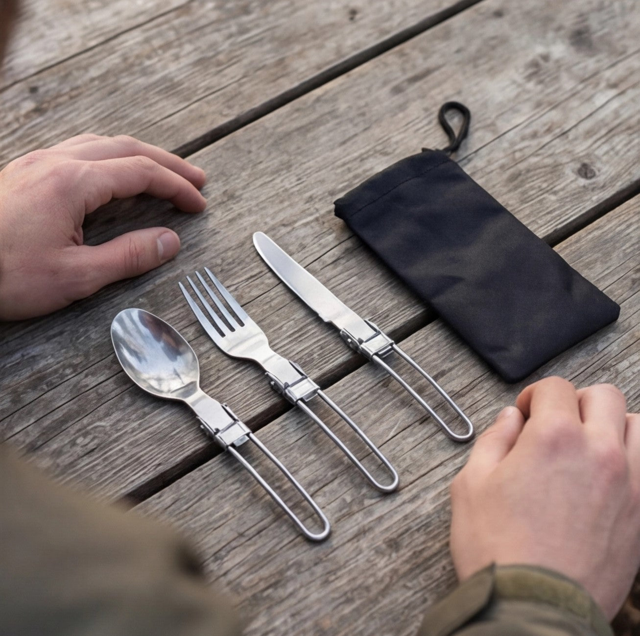Eway Widesea camping dining utensil set with plates, bowls, and cutlery for outdoor food preparation and eating.