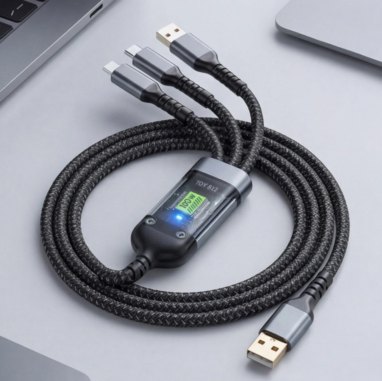 Eway quick charging USB cable connected to a smartphone, showcasing durable design and fast charging capabilities.