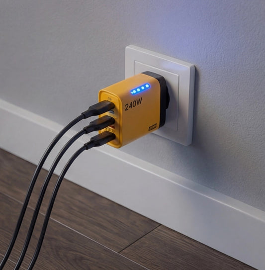 Eway 120W fast multi-port charger with multiple USB and USB-C ports, compact design, and sleek black finish.