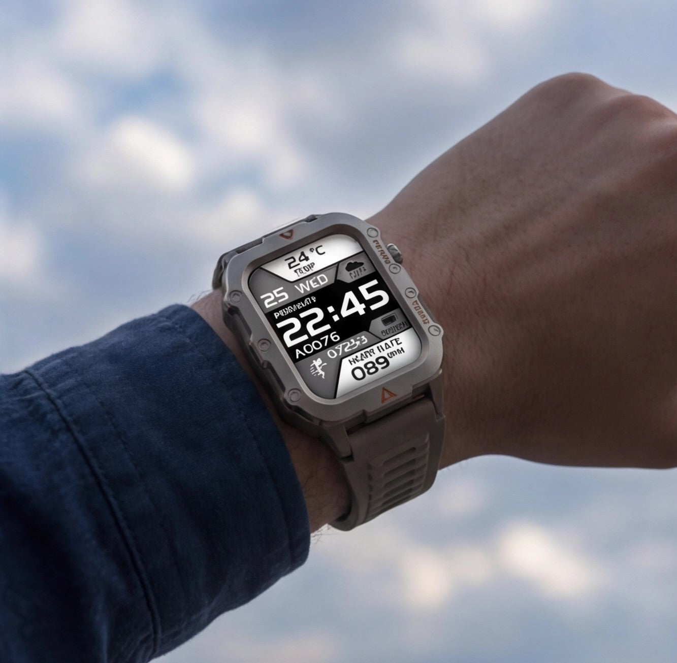 Eway LAXASFIT Q11 smart watch with black band and digital display showing time and fitness tracking features.