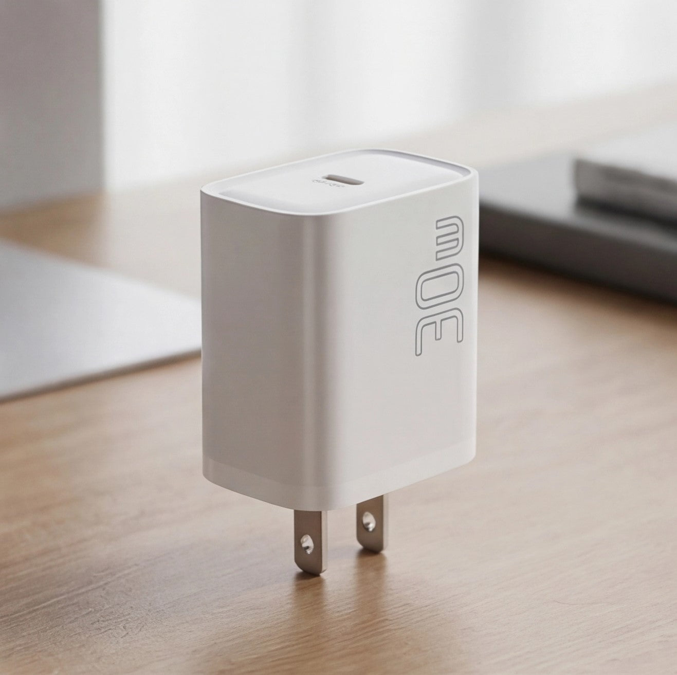 Eway ESSAGER 30W Type-C fast charger connected to a smartphone, showcasing compact design and charging port.