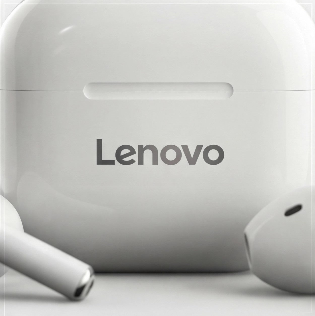Wireless Lenovo LP40 earbuds by Eway with black in-ear design and charging case, shown from a side angle.