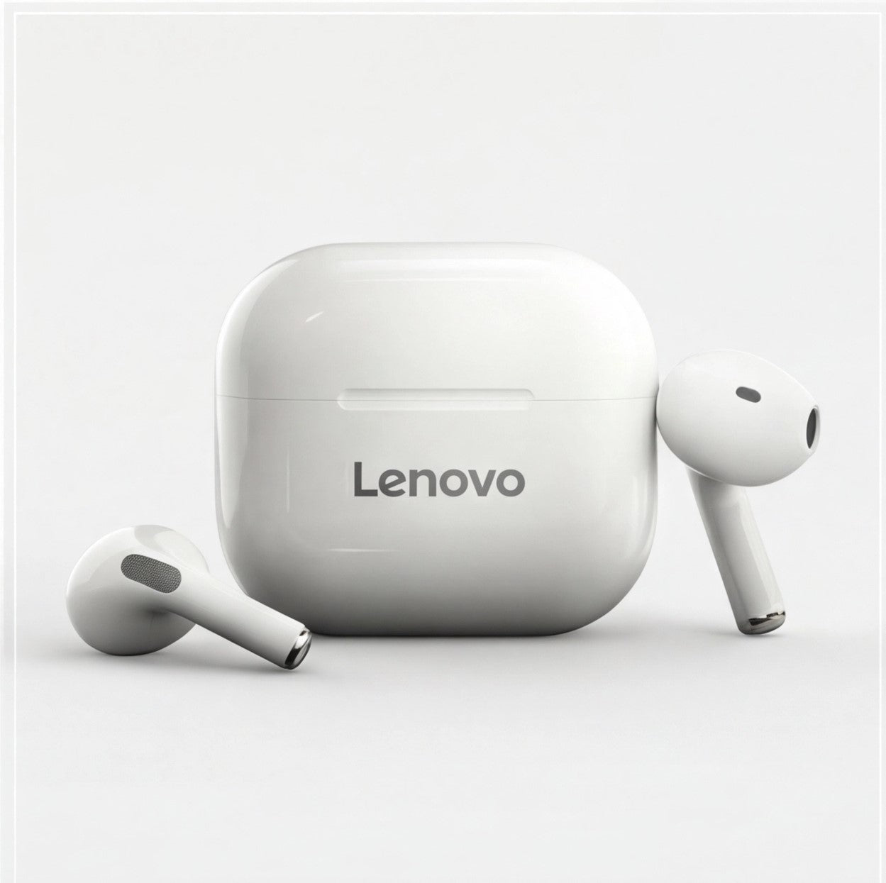 Wireless Lenovo LP40 earbuds by Eway with black charging case and in-ear design, shown on a white background.