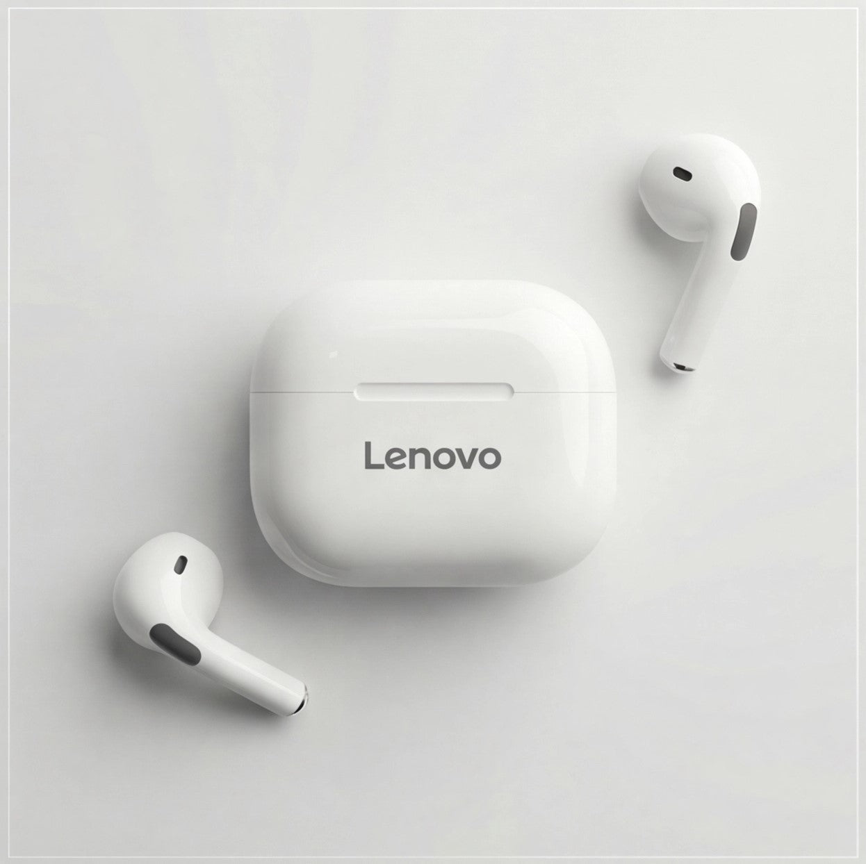 Wireless Lenovo LP40 earphones by Eway with black earbuds and sleek design, shown in close-up image.