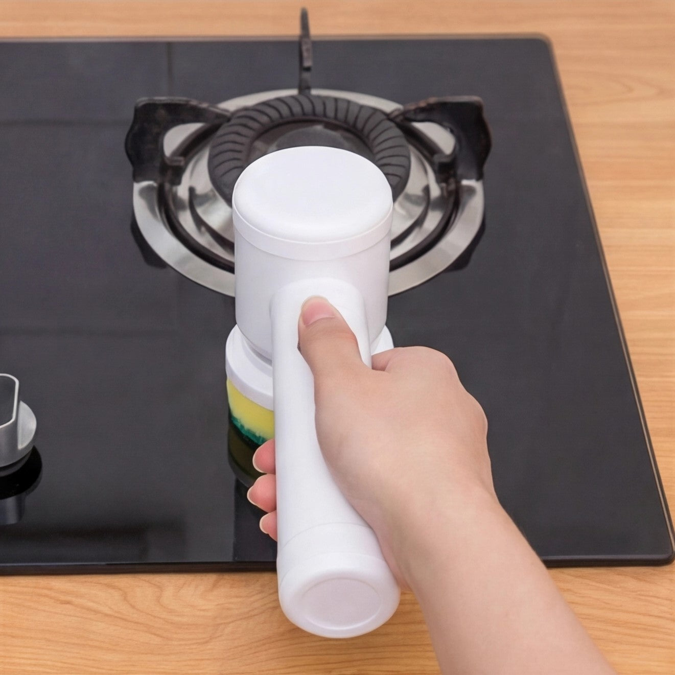 Electric multi-use cleaning brush by Eway with various brush heads for efficient home cleaning tasks.