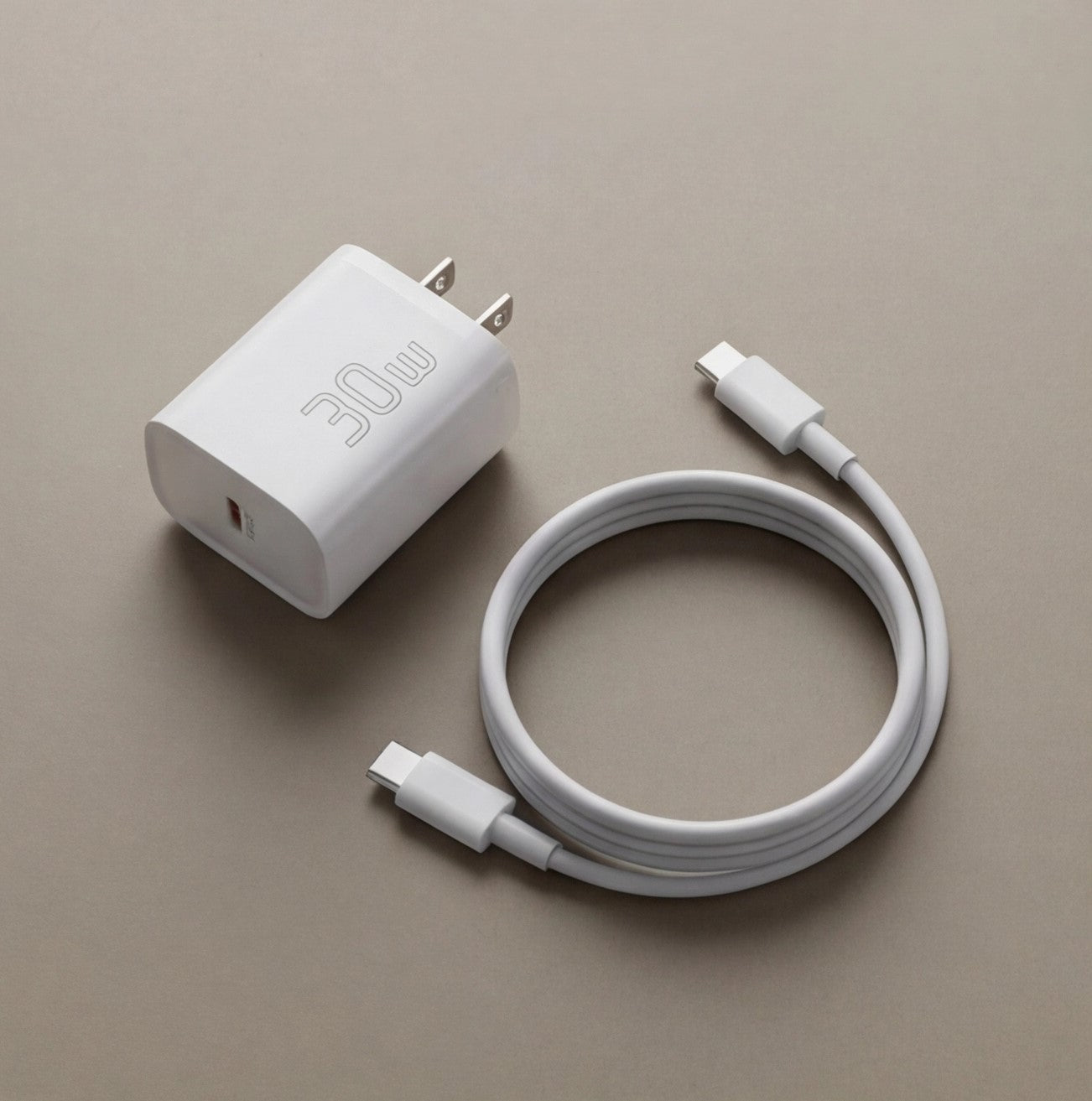 Eway ESSAGER 30W Type-C fast charger connected to a smartphone, charging cable and electronic device visible.