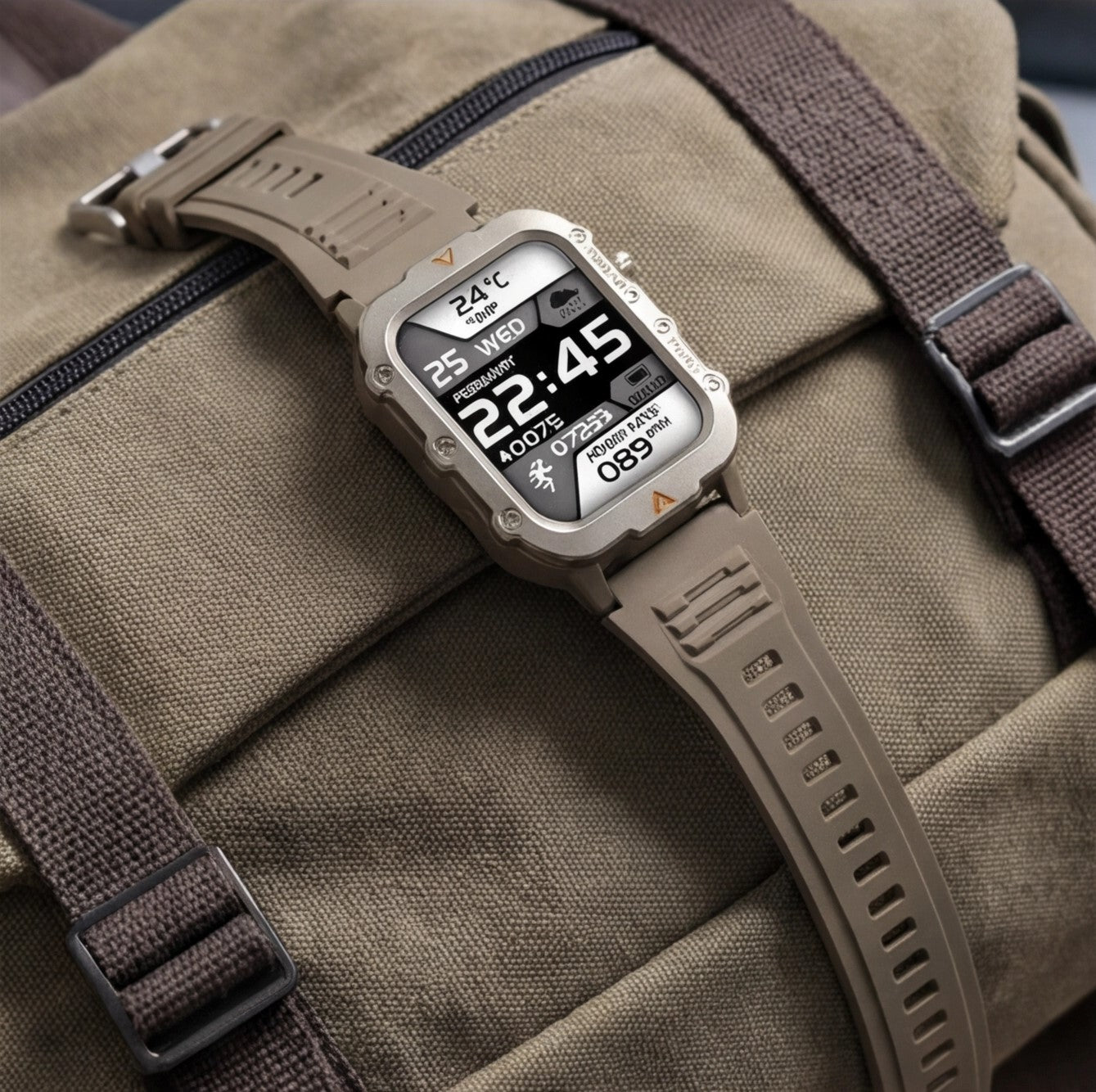 Eway LAXASFIT Q11 smart watch with digital display, fitness tracking, and sleek black strap shown on wrist.