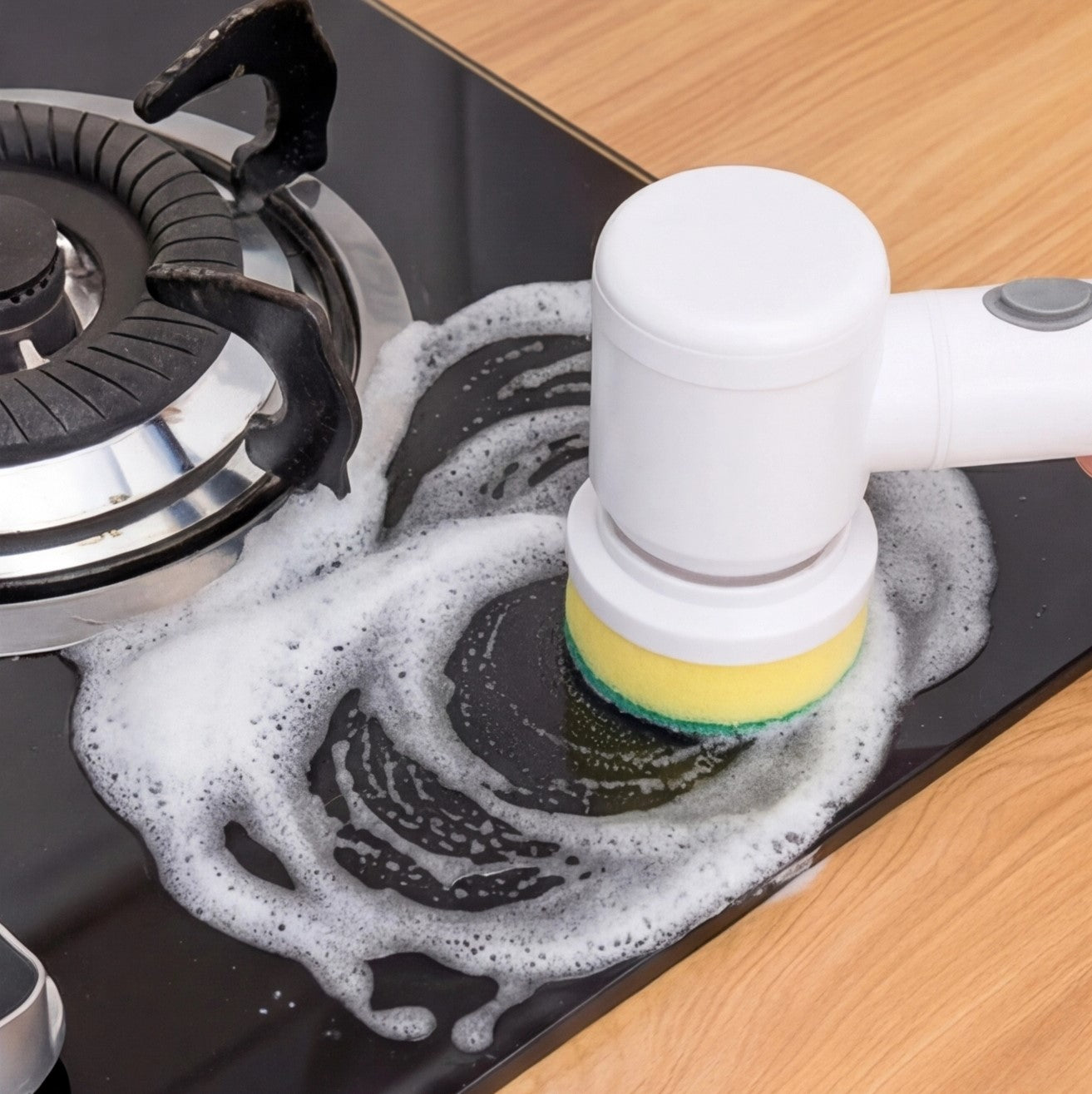 Eway electric multi-use cleaning brush with multiple attachments for efficient home cleaning tasks.