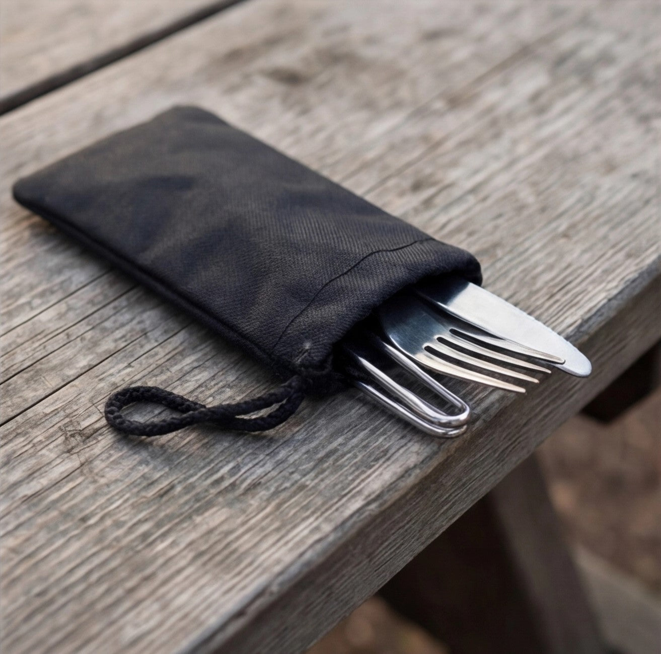 Eway Widesea camping dining utensil set with forks, knives, and spoons on a camping table for outdoor meals.