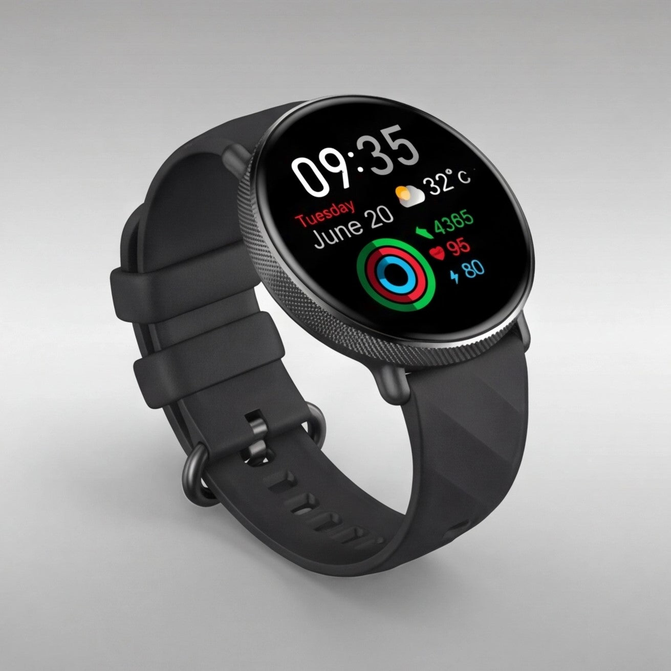 Eway Zeblaze GTR 3 PRO smart watch displaying digital watch face with fitness tracking features and black strap.
