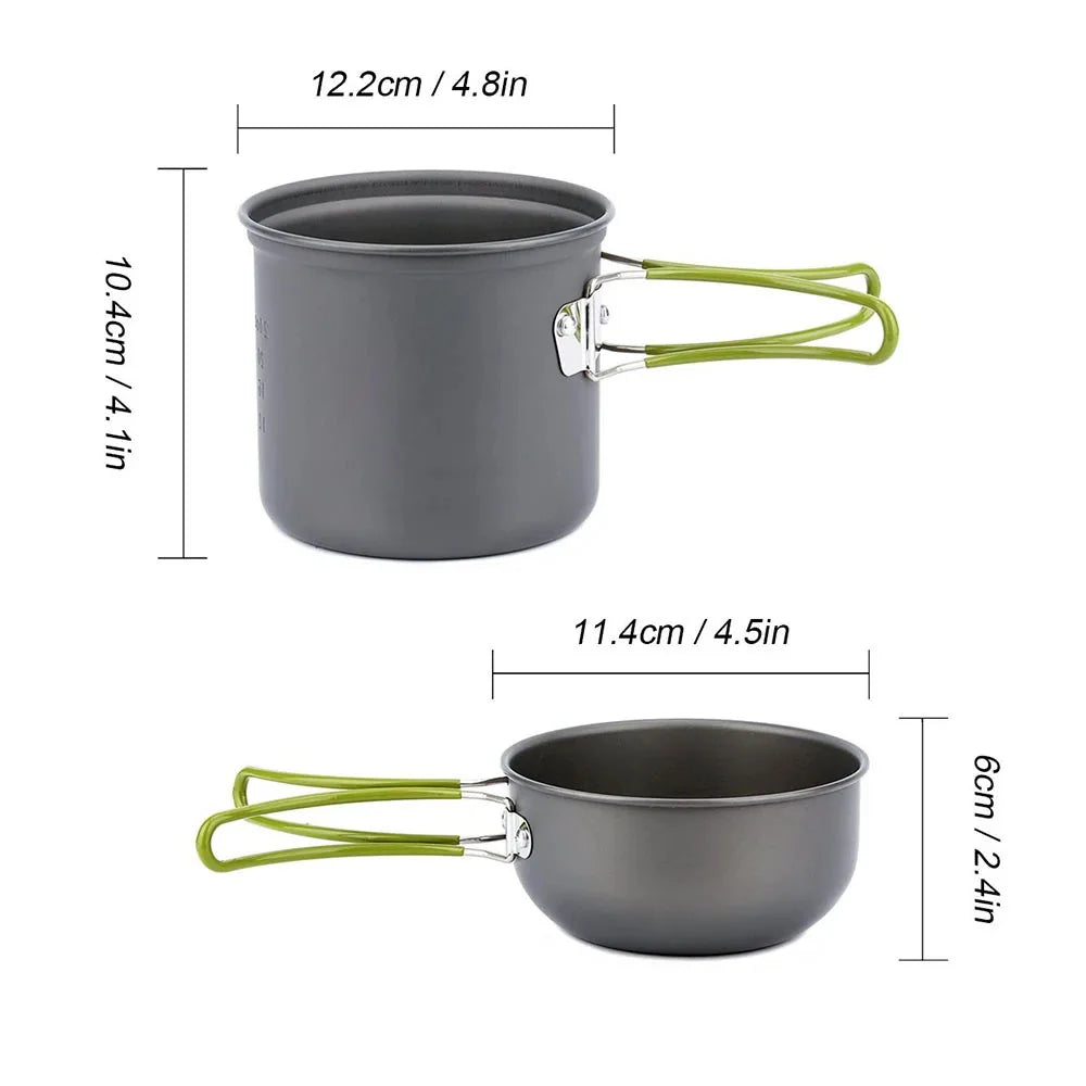 Eway camping pot set with multiple cookware pieces, stainless steel construction, ideal for outdoor cooking and camping trips.