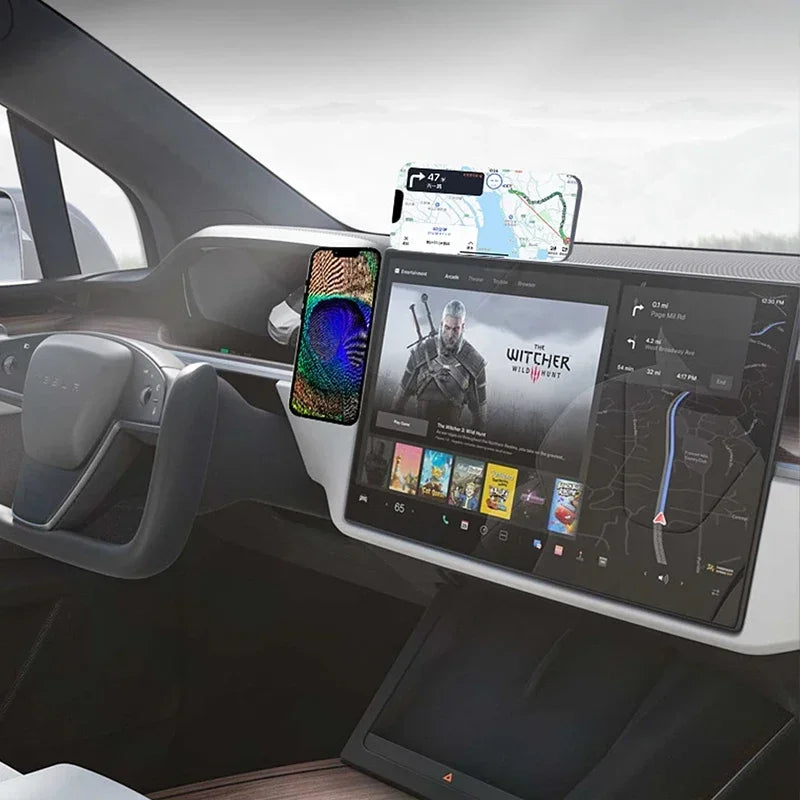 Magnetic phone holder by Eway showing a sleek black design attached to a car dashboard for secure smartphone mounting.