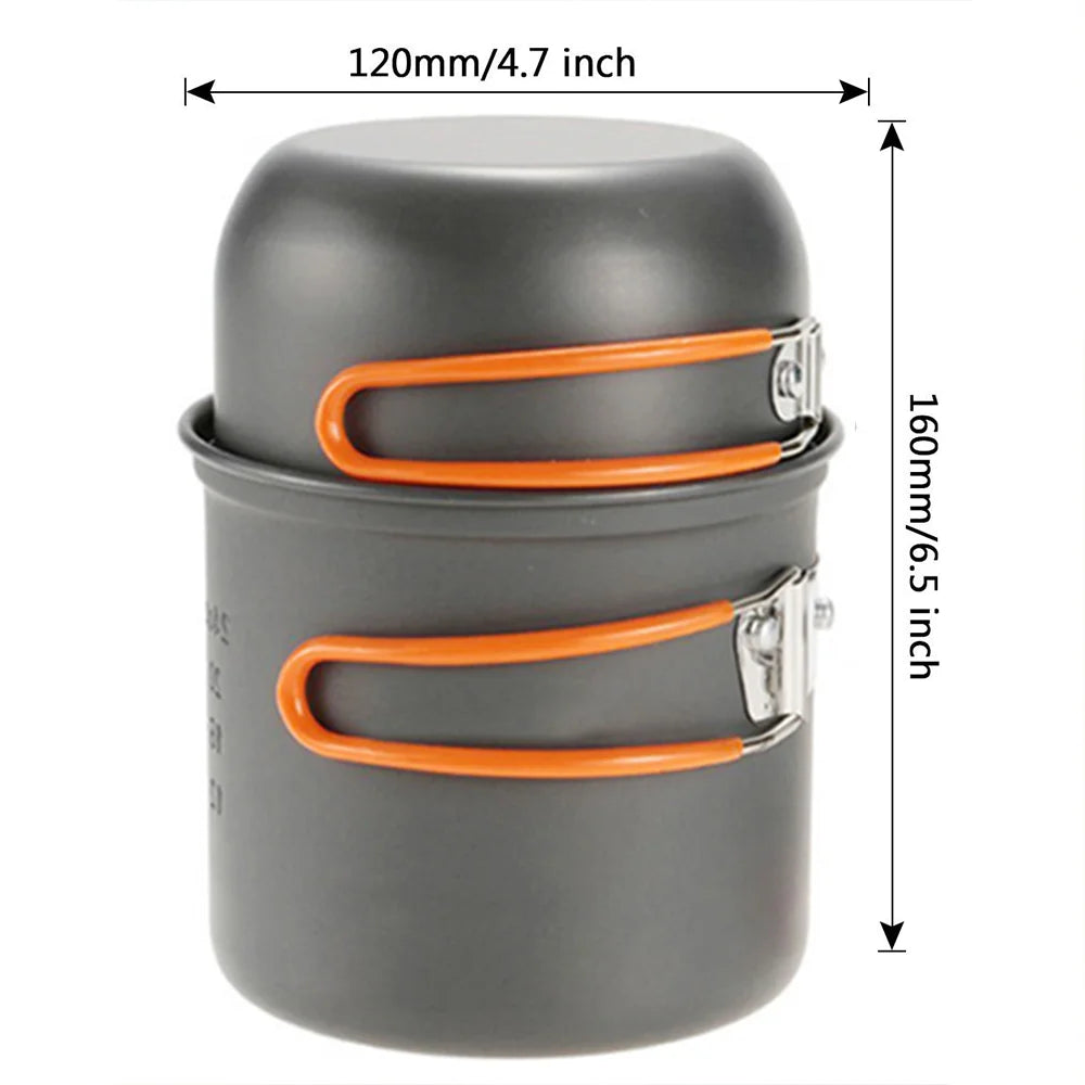 Eway camping pot set with multiple stainless steel pots and lids, suitable for outdoor cooking and camping adventures.