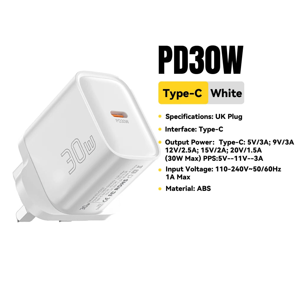 Eway ESSAGER 30W Type-C fast charging adapter, compact black charger with USB Type-C port, designed for quick device charging.