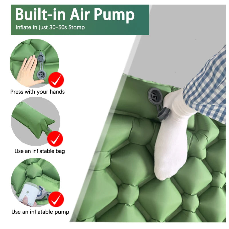 Eway inflatable camping mattress with built-in pump, shown inflated and ready for outdoor sleeping. Lightweight and portable camping gear.