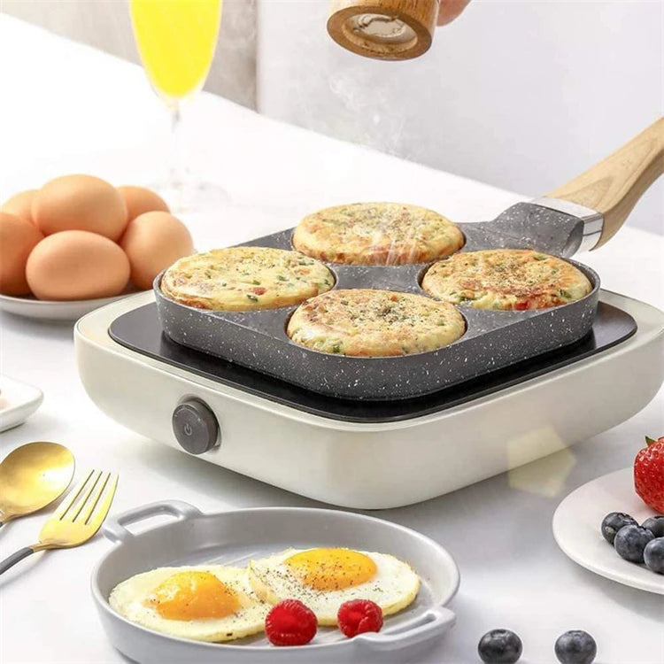 Eway 4-egg non-stick frying pan for eggs and pancakes, with four cooking wells for breakfast dishes, shown in the image.