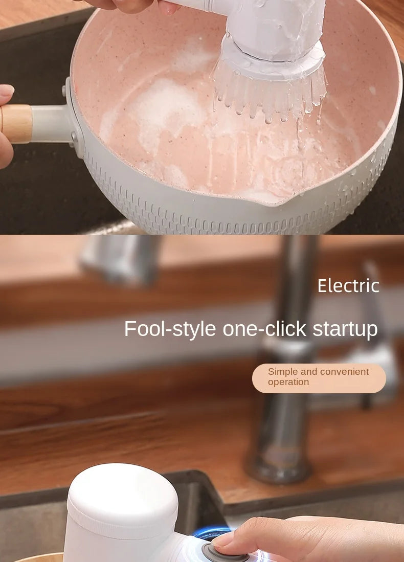 Eway electric multi-use cleaning brush with various attachments for versatile household cleaning tasks.