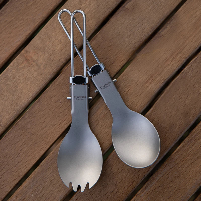 Titanium dining tools set by Eway, including fork, spoon, and knife, with sleek metallic finish for outdoor or travel use.