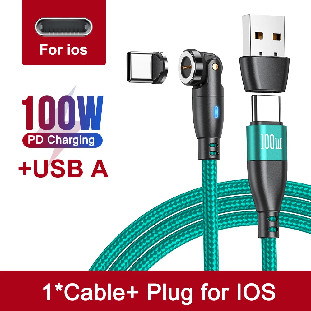 Eway 3-in-1 magnetic charging cable, AUFU 100W, showing the cable with magnetic connectors for multiple device charging.