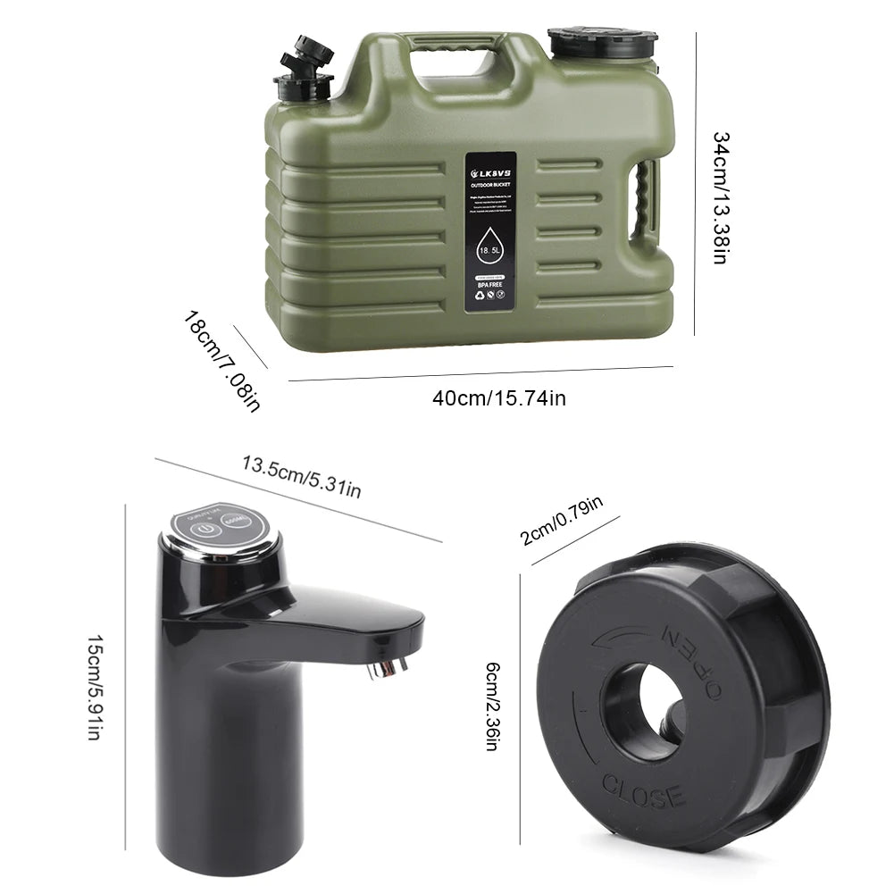 Portable 20-liter camping water tank by Eway, showing a sturdy plastic container with a secure lid and handle for outdoor use.