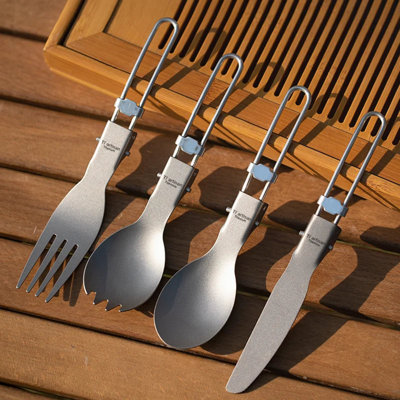 Eway Tiartisan titanium dining tools set with fork, knife, and spoon, lightweight and durable for outdoor or everyday use.