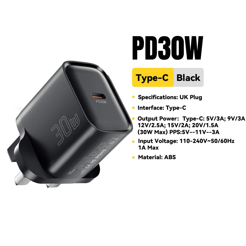 Eway ESSAGER 30W Type-C fast charger connected to a smartphone, compact design, black color, and sleek appearance.