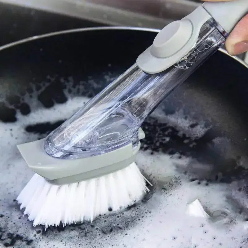 Eway 2-in-1 kitchen cleaning brush with soap dispenser, featuring a durable handle and soft cleaning bristles for dishes and surfaces