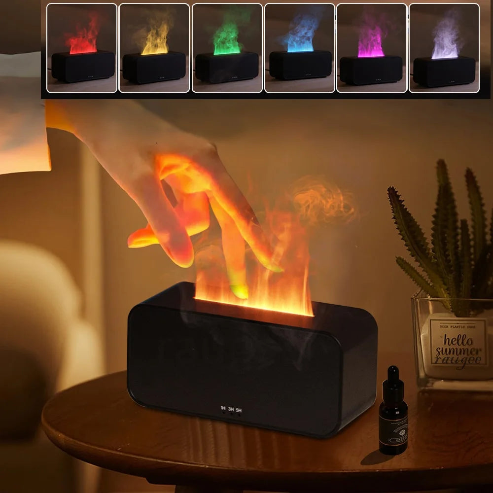 Eway humidifier with flame effect, displaying a sleek design and emitting warm light, ideal for adding moisture and ambiance to a room.