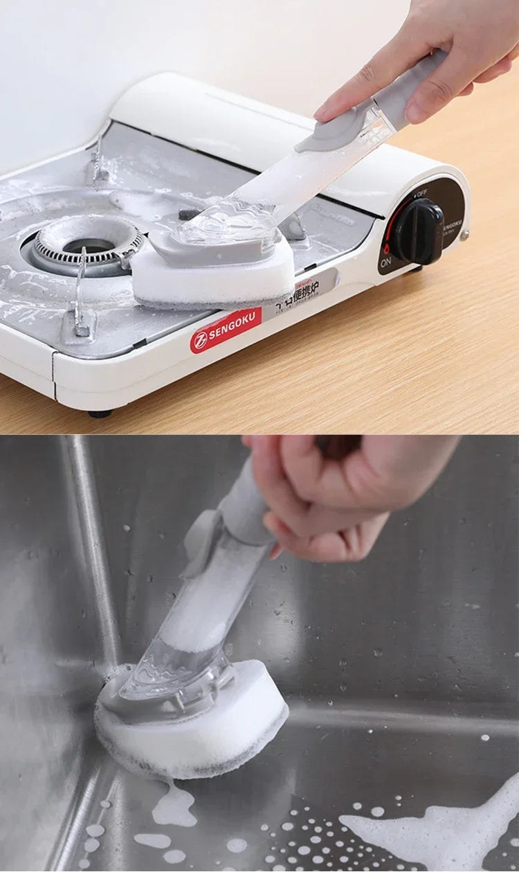 Eway 2-in-1 kitchen cleaning brush with soap dispenser, featuring a durable handle and soft bristles for easy dishwashing.