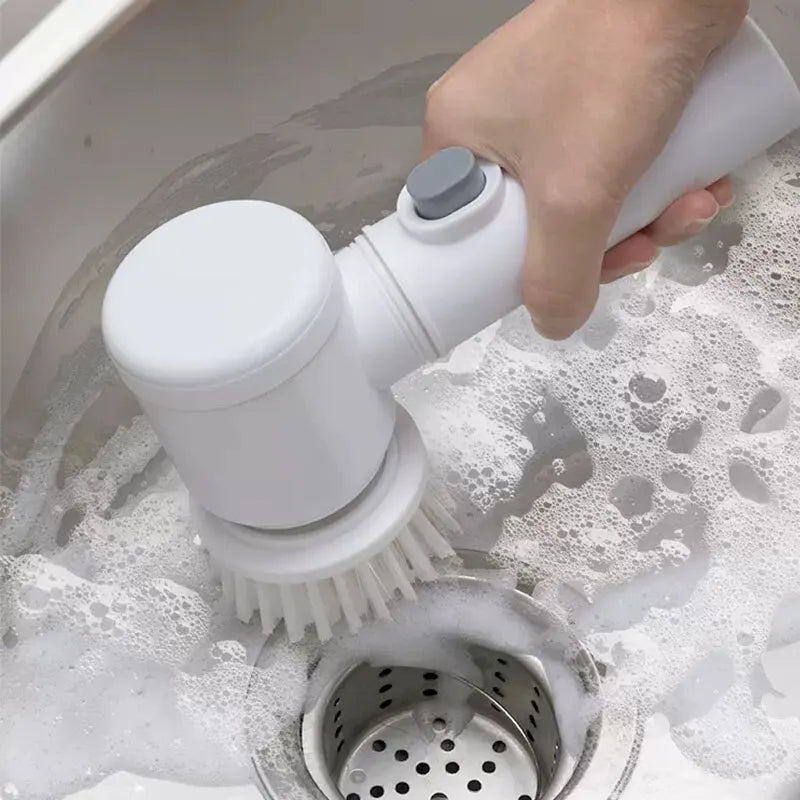 Eway electric multi-use cleaning brush with multiple heads for household and kitchen cleaning tasks.