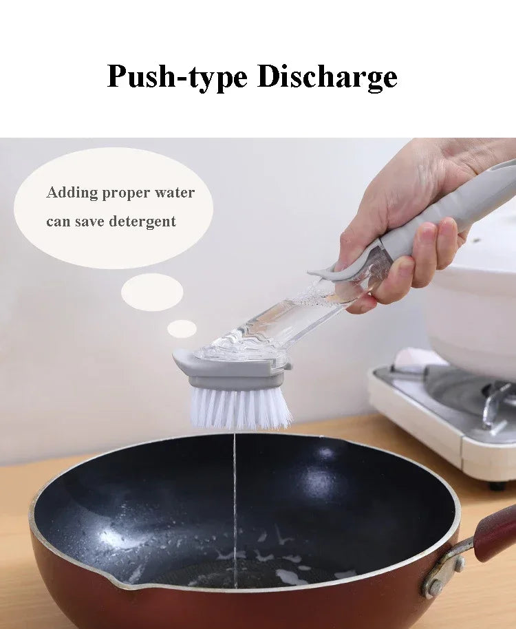 Eway 2-in-1 kitchen cleaning brush with soap dispenser, featuring a ergonomic handle and nylon bristles for versatile dishwashing.