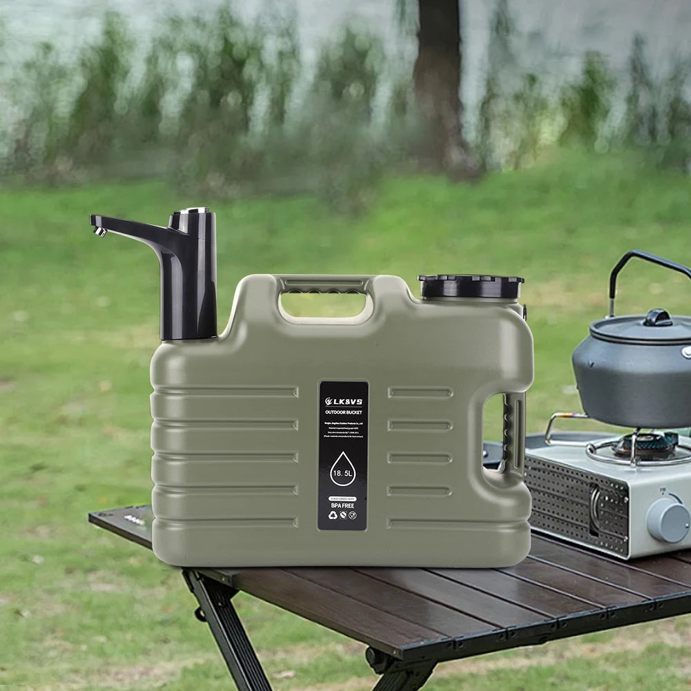 20-liter portable camping water tank by Eway, showing a sturdy, black plastic water container with a spout for outdoor use