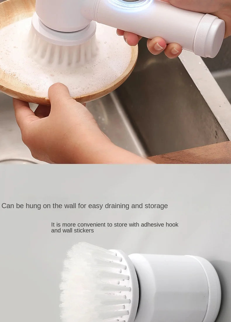 Eway multi-use electric cleaning brush with multiple attachments, shown in a close-up image.