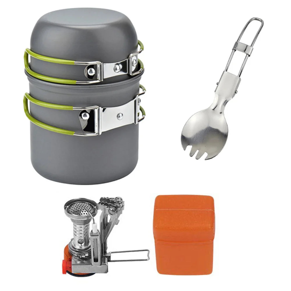 Eway camping pot set with multiple stainless steel pots and pans for outdoor cooking and camping adventures.