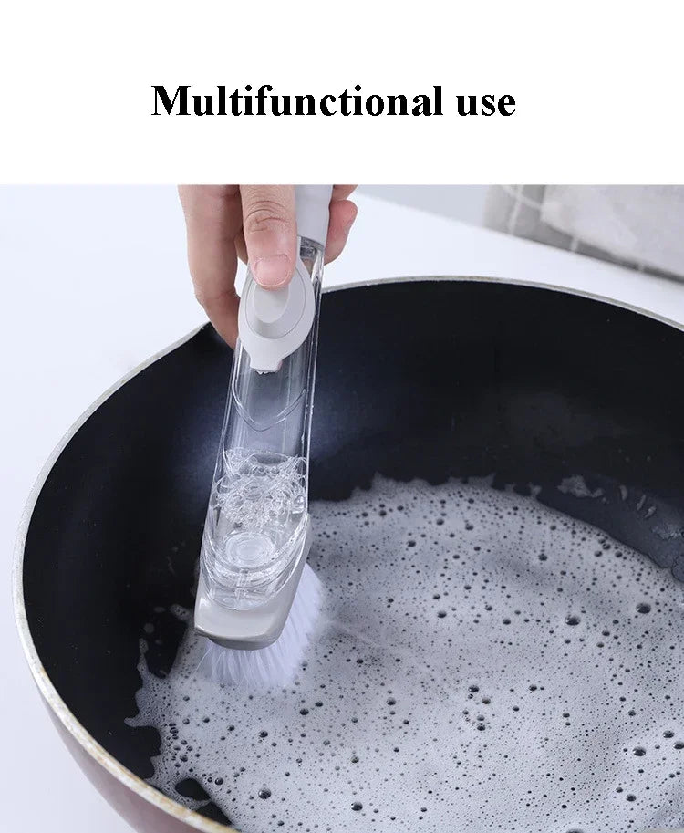 Eway 2-in-1 kitchen cleaning brush with soap dispenser, featuring a green handle and integrated scrubber for easy dishwashing.