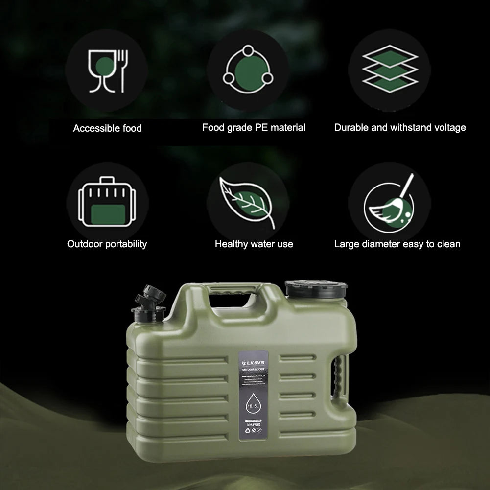 Portable 20-liter camping water tank by Eway, showing a durable plastic container with a spout for easy water access.
