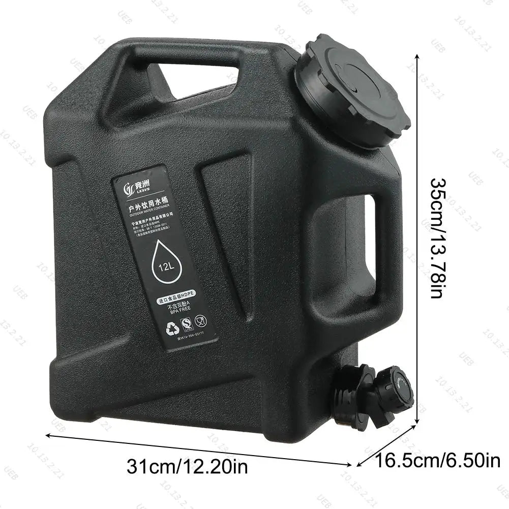 Portable 20-liter camping water tank by Eway, showing the black plastic container with a spout and handle for outdoor use.