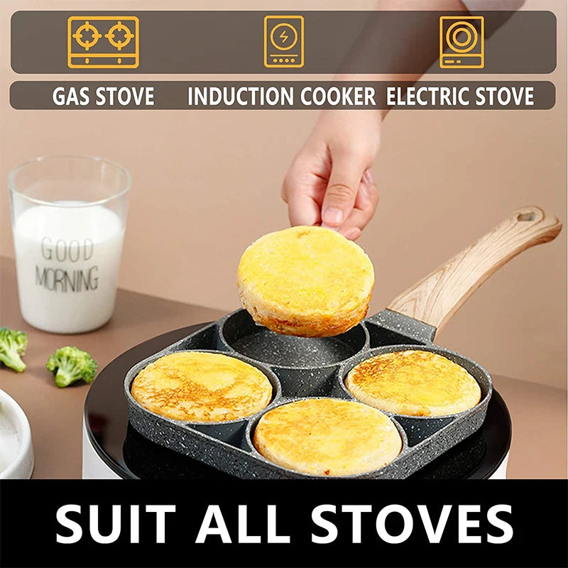 Eway 4-eye egg and pancake skillet with non-stick surface, featuring four separate cooking sections for eggs and pancakes.