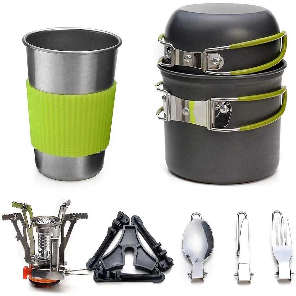 Eway camping pot set with multiple stainless steel pots and lids for outdoor cooking and camping adventures.