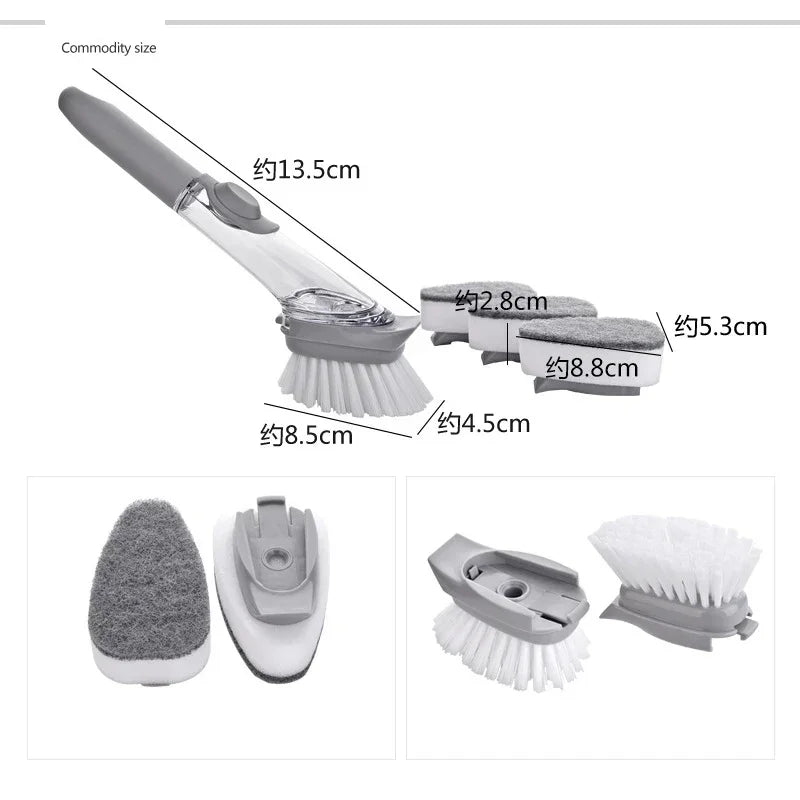 Eway 2-in-1 kitchen cleaning brush with soap dispenser, featuring a durable handle and soft scrub brush head for kitchen cleaning