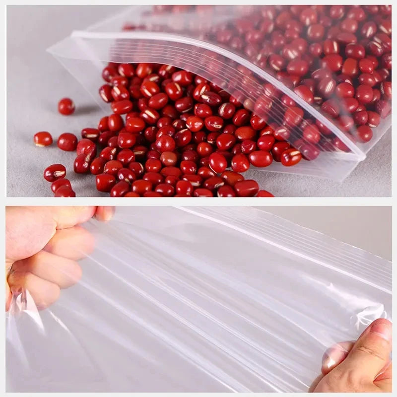 Eway Ziplock food storage bags, reusable and airtight, shown with sealed bags for fresh food preservation and organization.