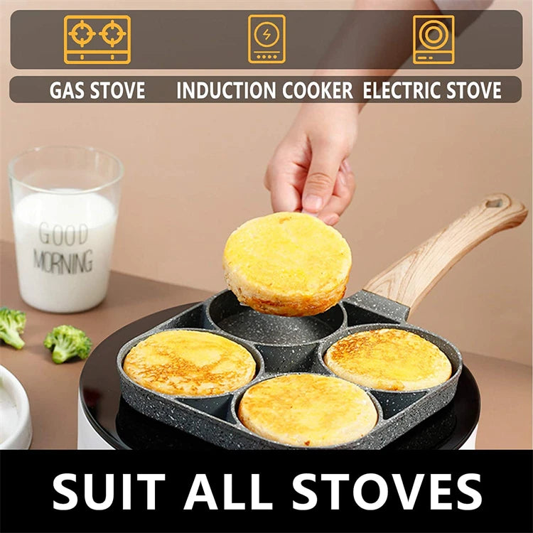 Eway 4-eye egg and pancake skillet with non-stick surface, featuring four separate cooking sections for eggs and pancakes.